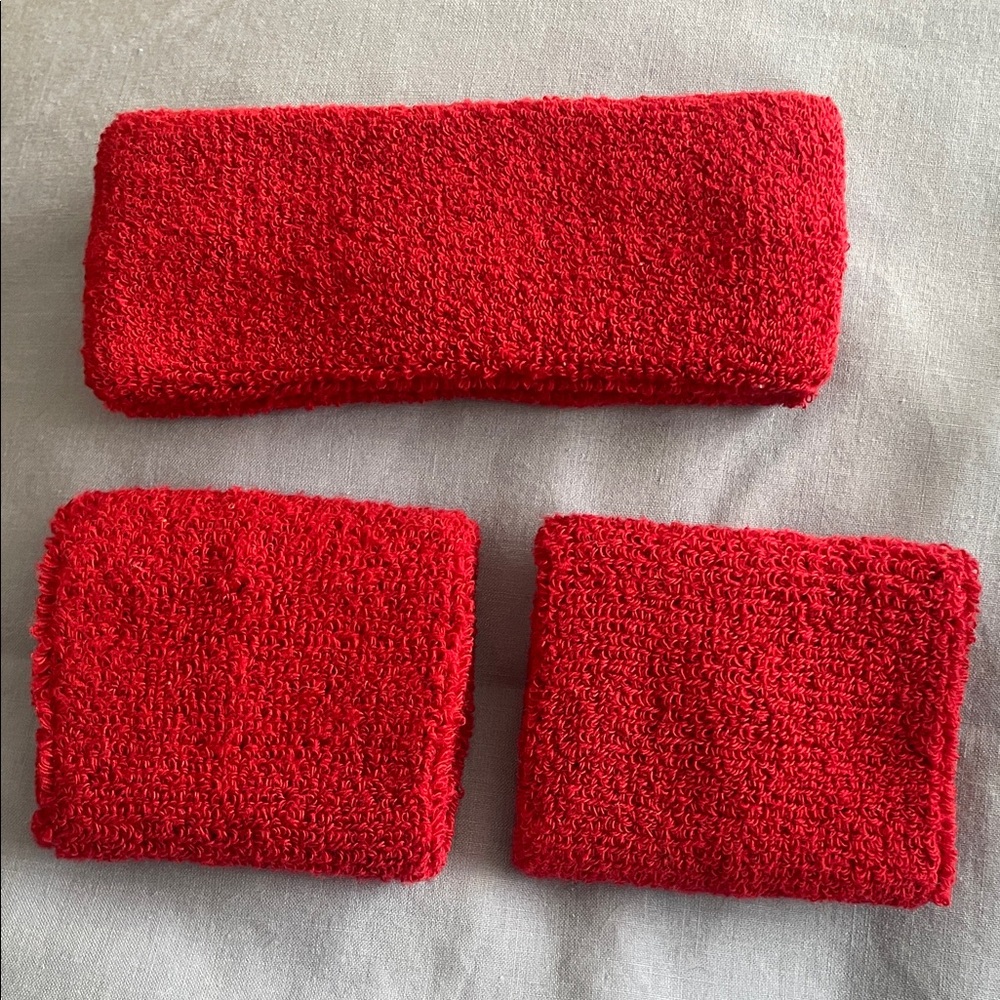 Sweatband Set. Red Terry Cloth Headband and Wristbands Set. Unisex